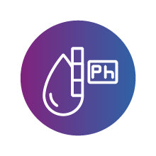 A white outline of a droplet and a pH test strip icon on a purple and blue gradient circular background, symbolizing pH level testing in liquids.